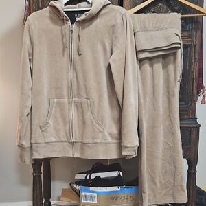 Set Tan Velour Sweatpant Set Hoodie and Flare Pants 90s Stylr Outfit EUC